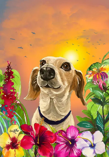 Dachshund Piebald - Hippie Hound Studios Tropical Summer  House and Garden Flags Best of Breed