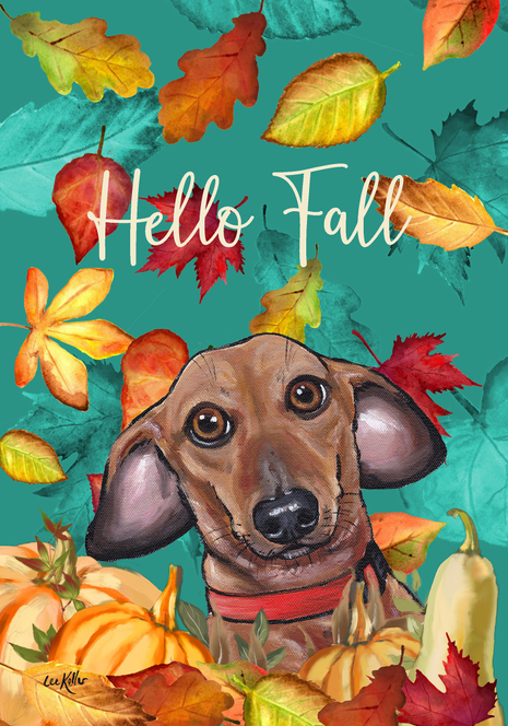 Dachshund Red - Hippie Hound Studios Fall Leaves  House and Garden Flags Best of Breed
