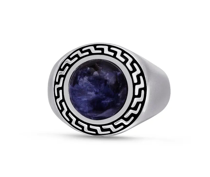 Dark Blue Sodalite Stone Signet Ring in Black Rhodium Plated Sterling Silver Luv My Jewelry