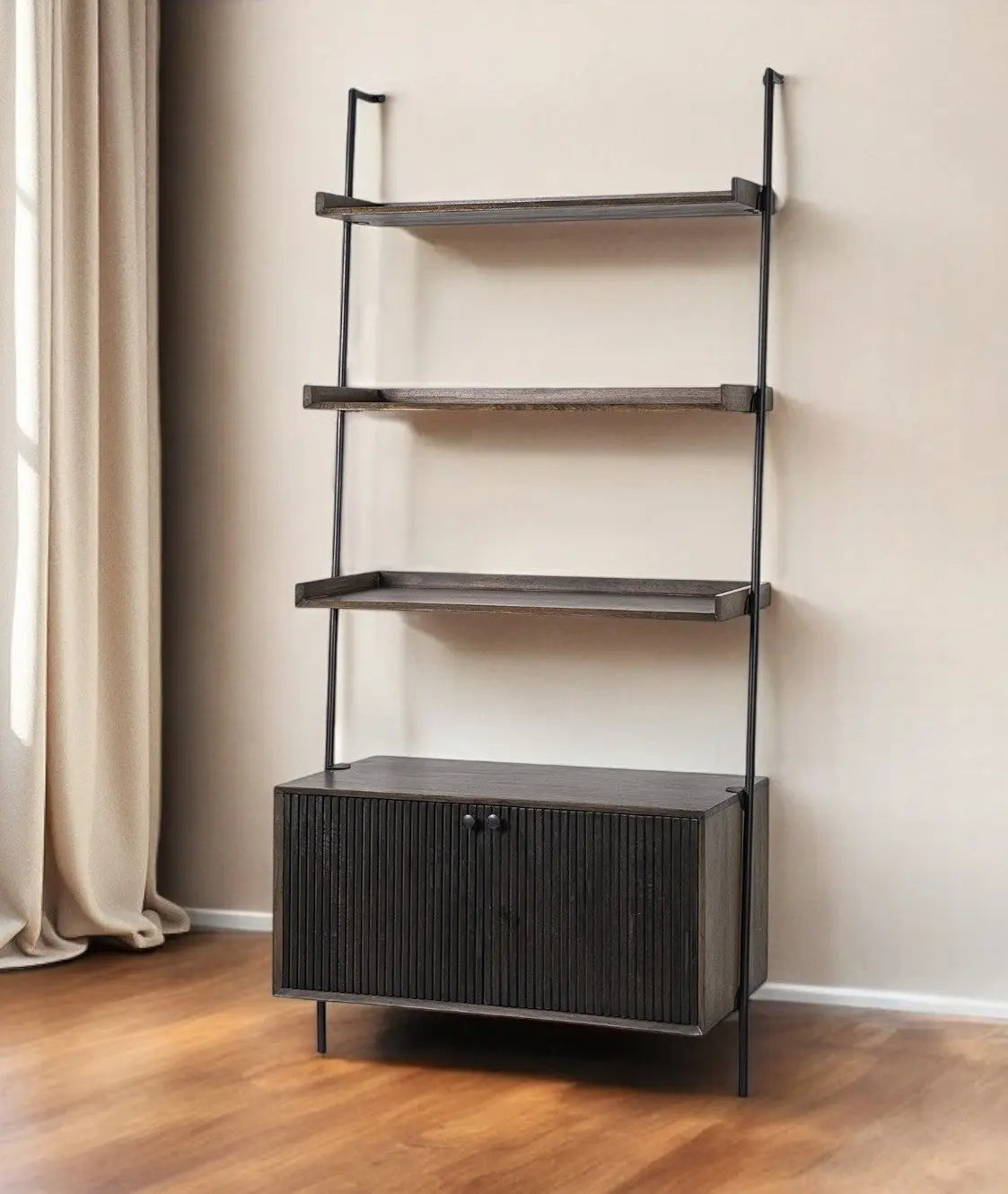 Dark Brown Metal and Wood Three Tier Ladder Bookcase - GreatEagleInc