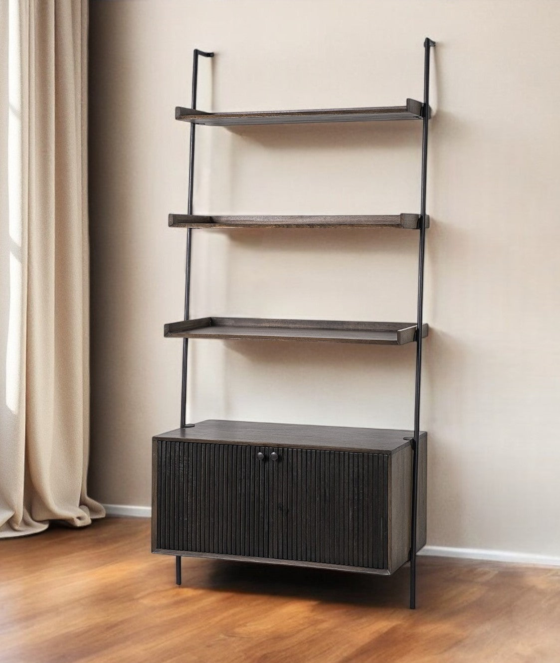 Dark Brown Metal and Wood Three Tier Ladder Bookcase - GreatEagleInc