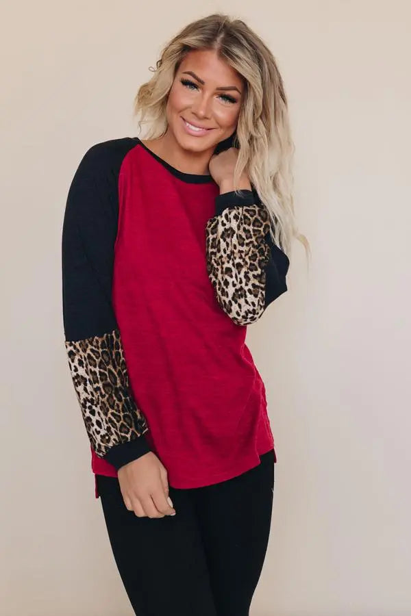 Debby Leopard Lantern Sleeve Top Stay Warm in Style