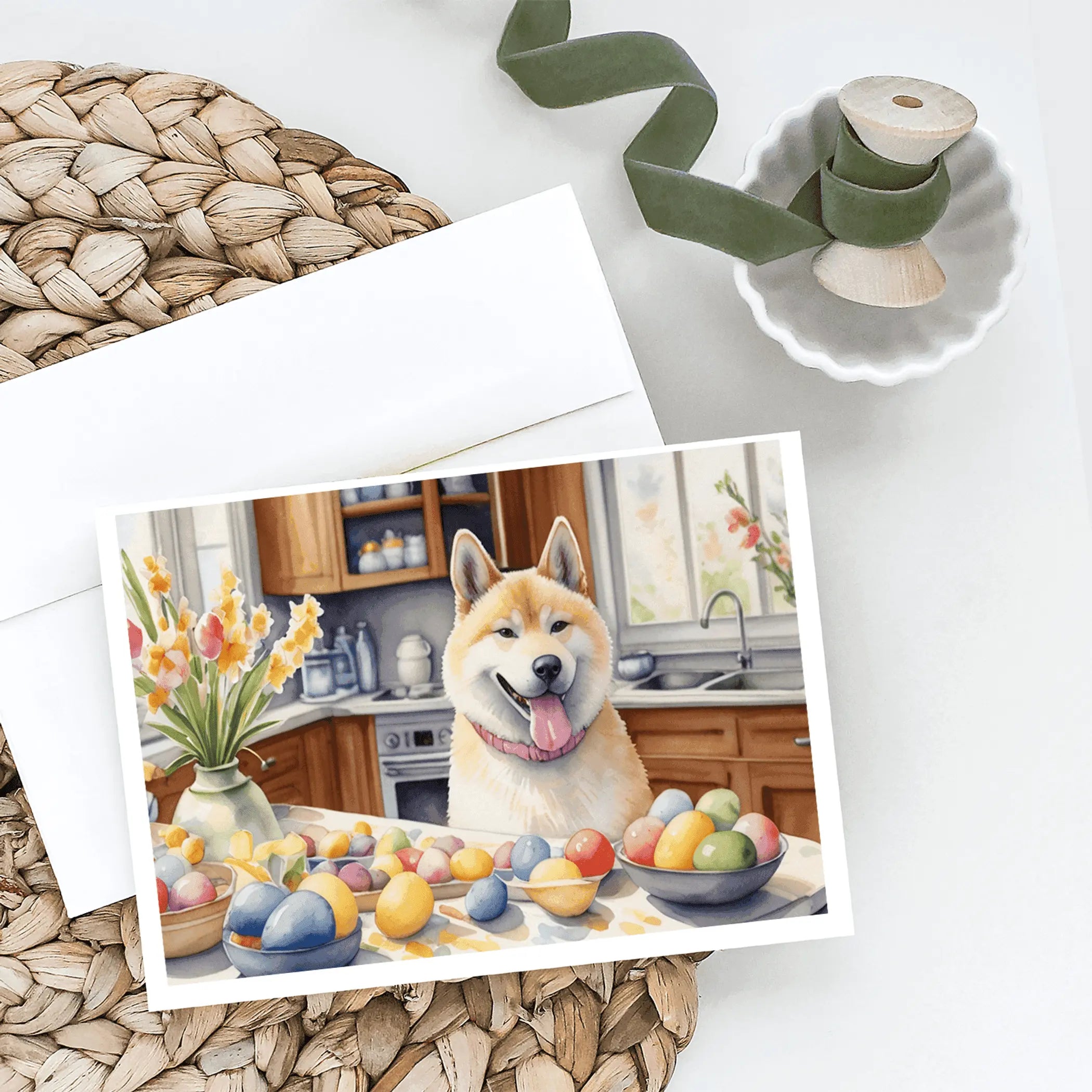 Decorating Easter Akita Greeting Cards Pack of 8 Caroline's Treasures
