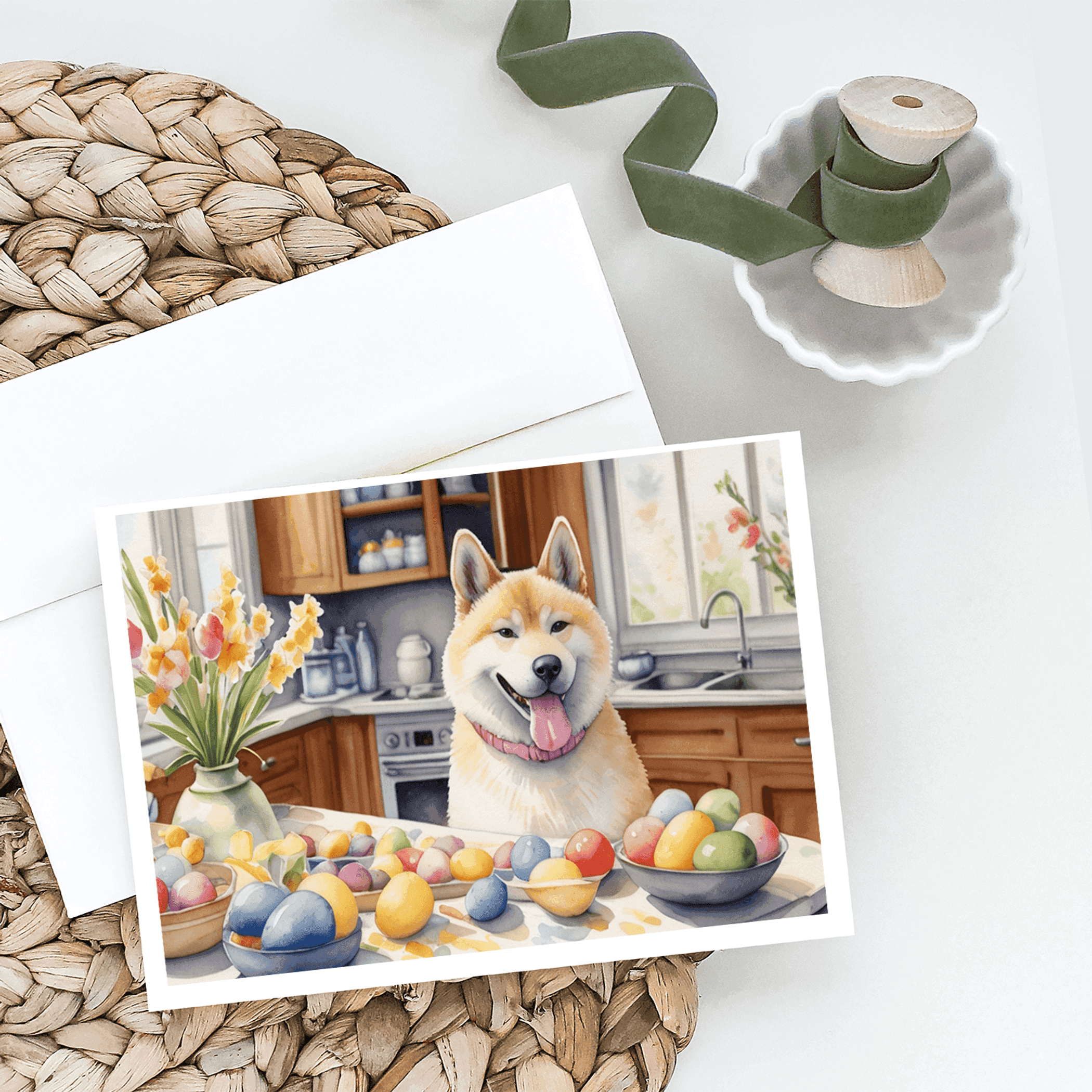 Decorating Easter Akita Greeting Cards Pack of 8 Caroline's Treasures