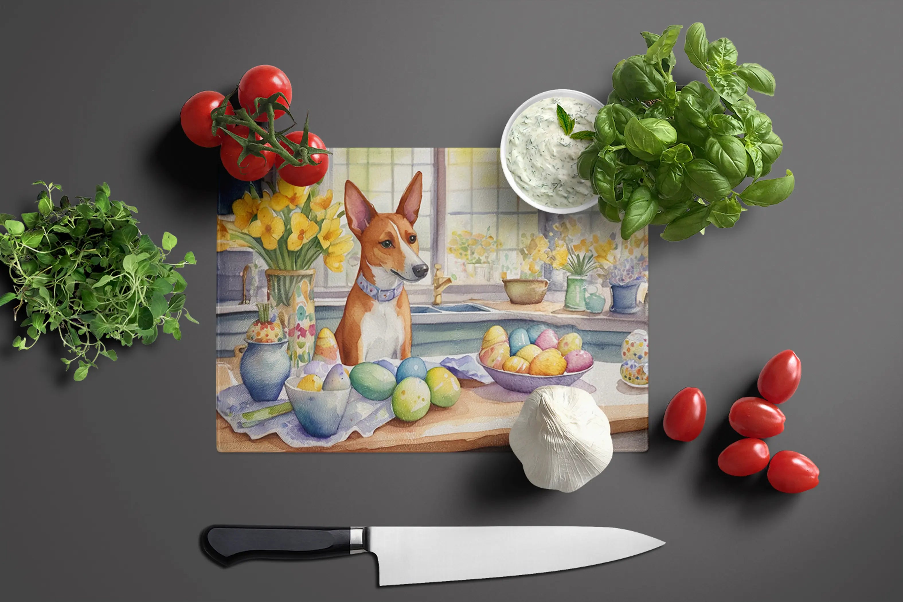 Decorating Easter Basenji Glass Cutting Board Caroline's Treasures