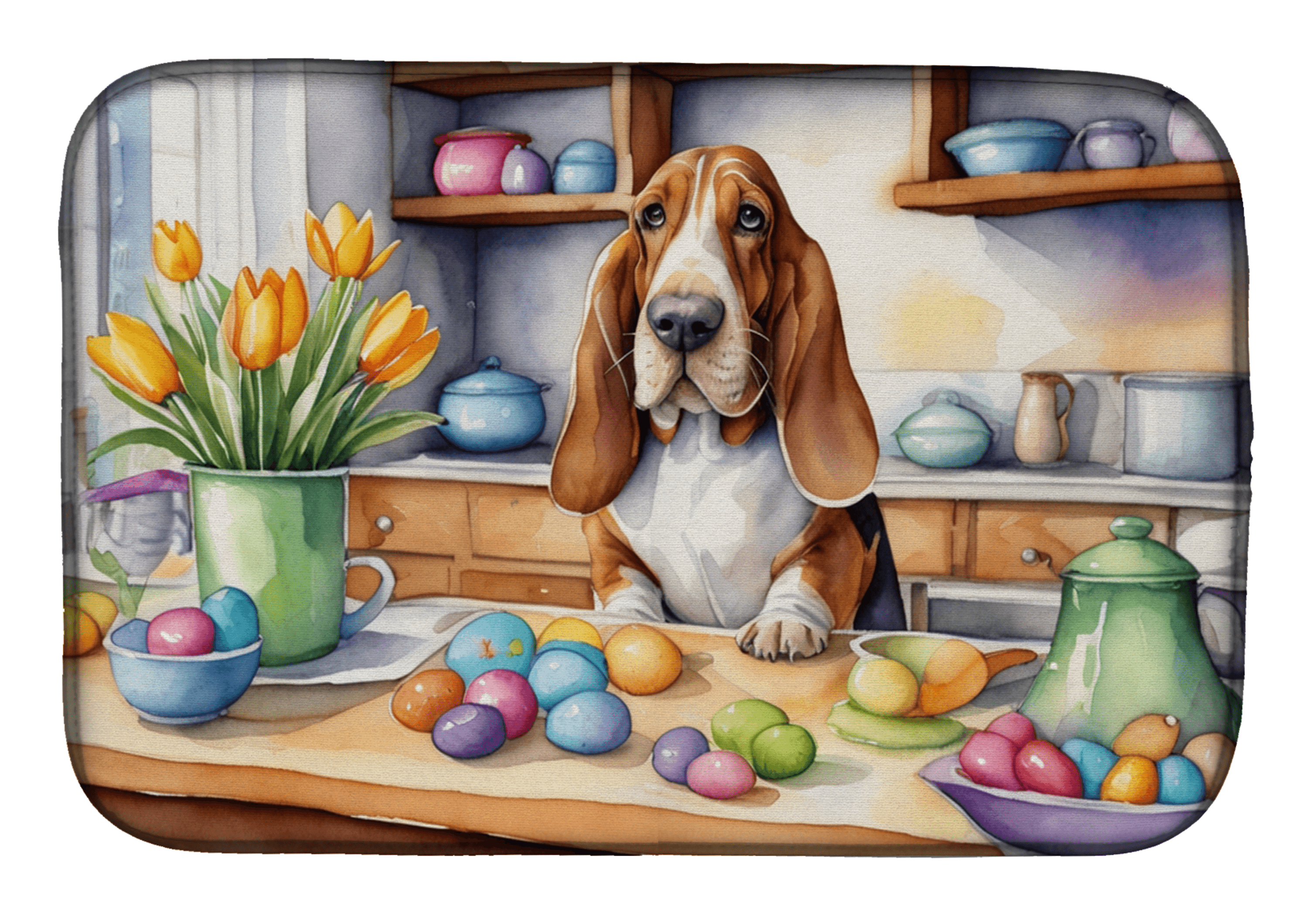 Decorating Easter Basset Hound Dish Drying Mat Caroline's Treasures
