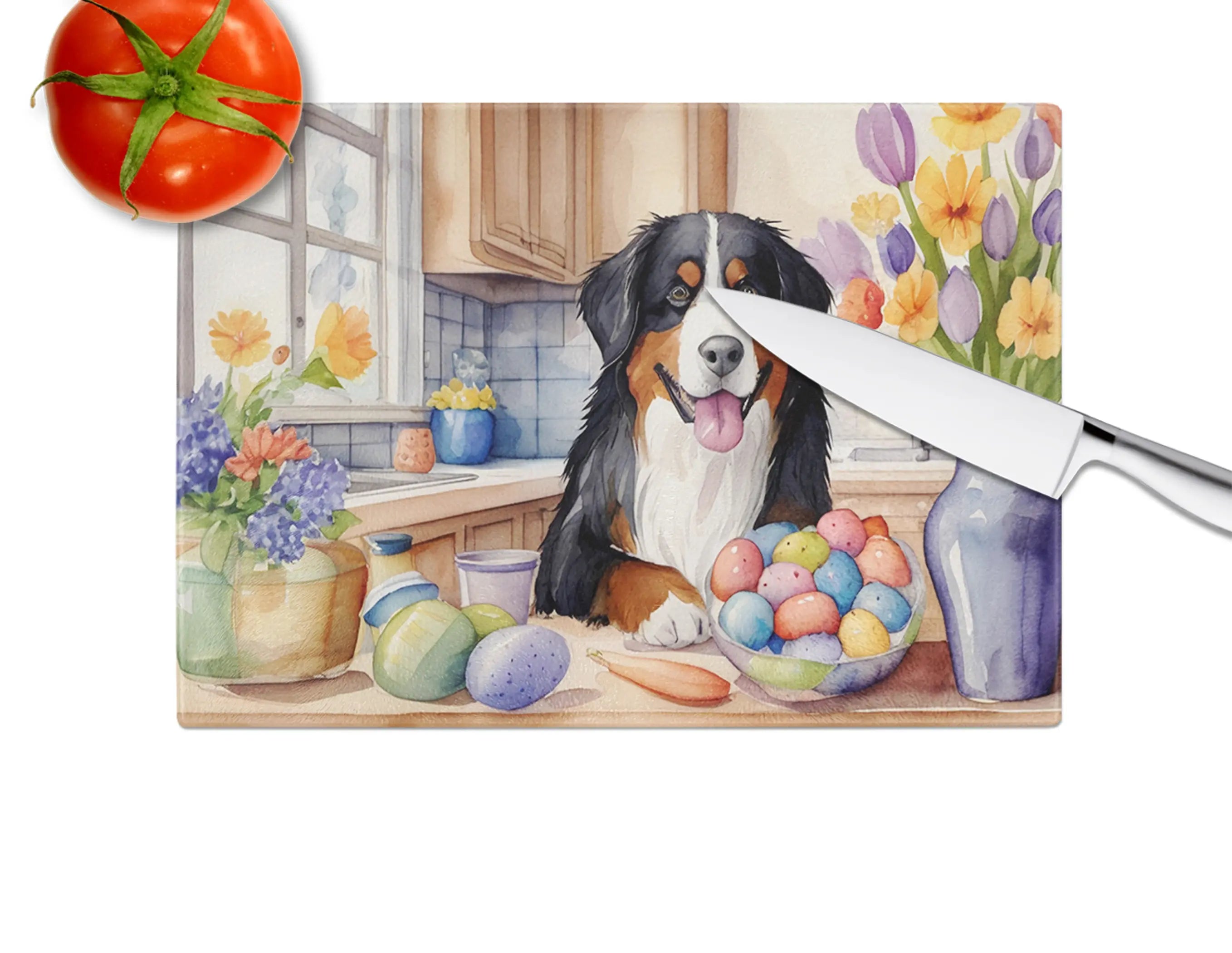 Decorating Easter Bernese Mountain Dog Glass Cutting Board Caroline's Treasures