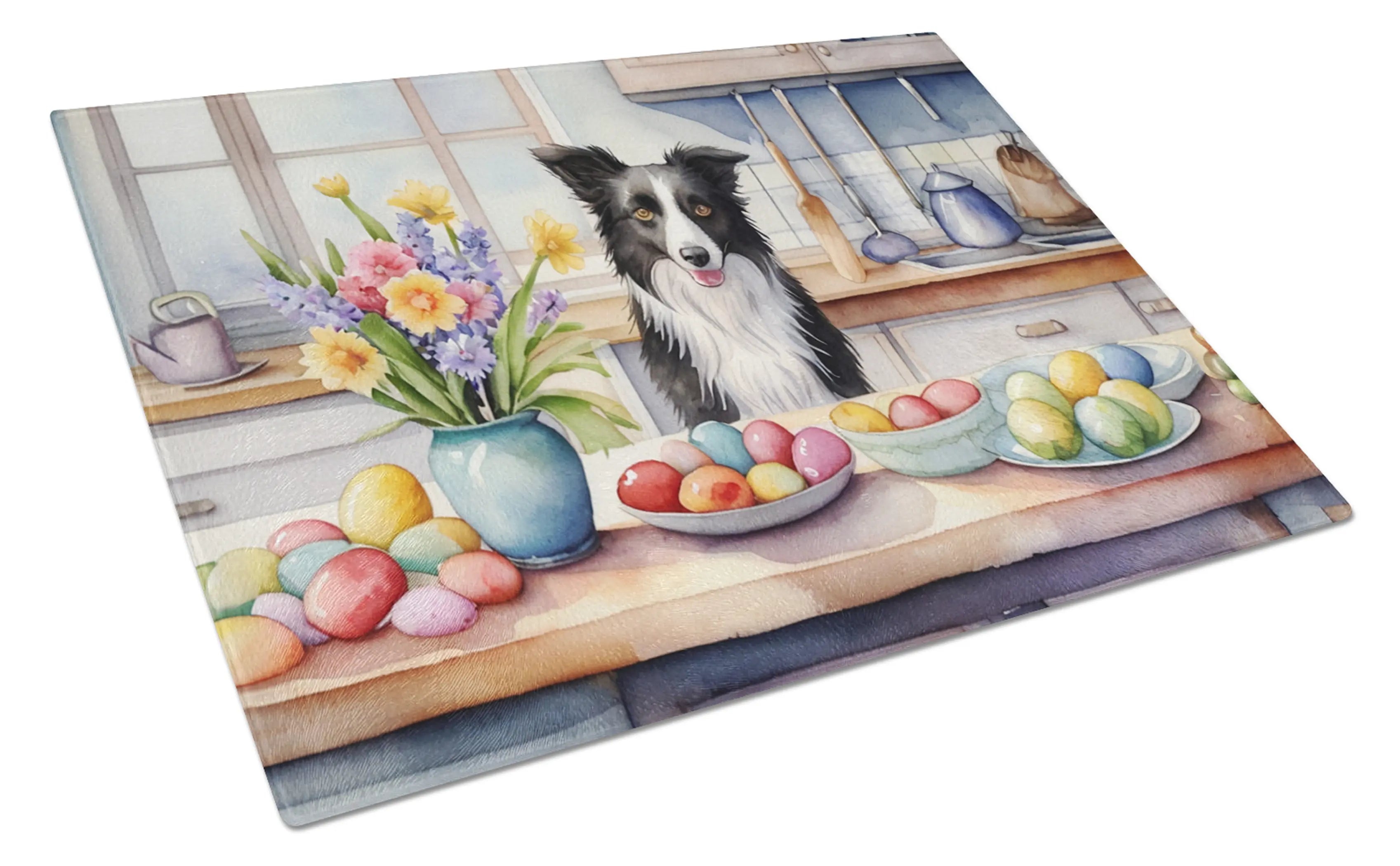 Decorating Easter Border Collie Glass Cutting Board Caroline's Treasures