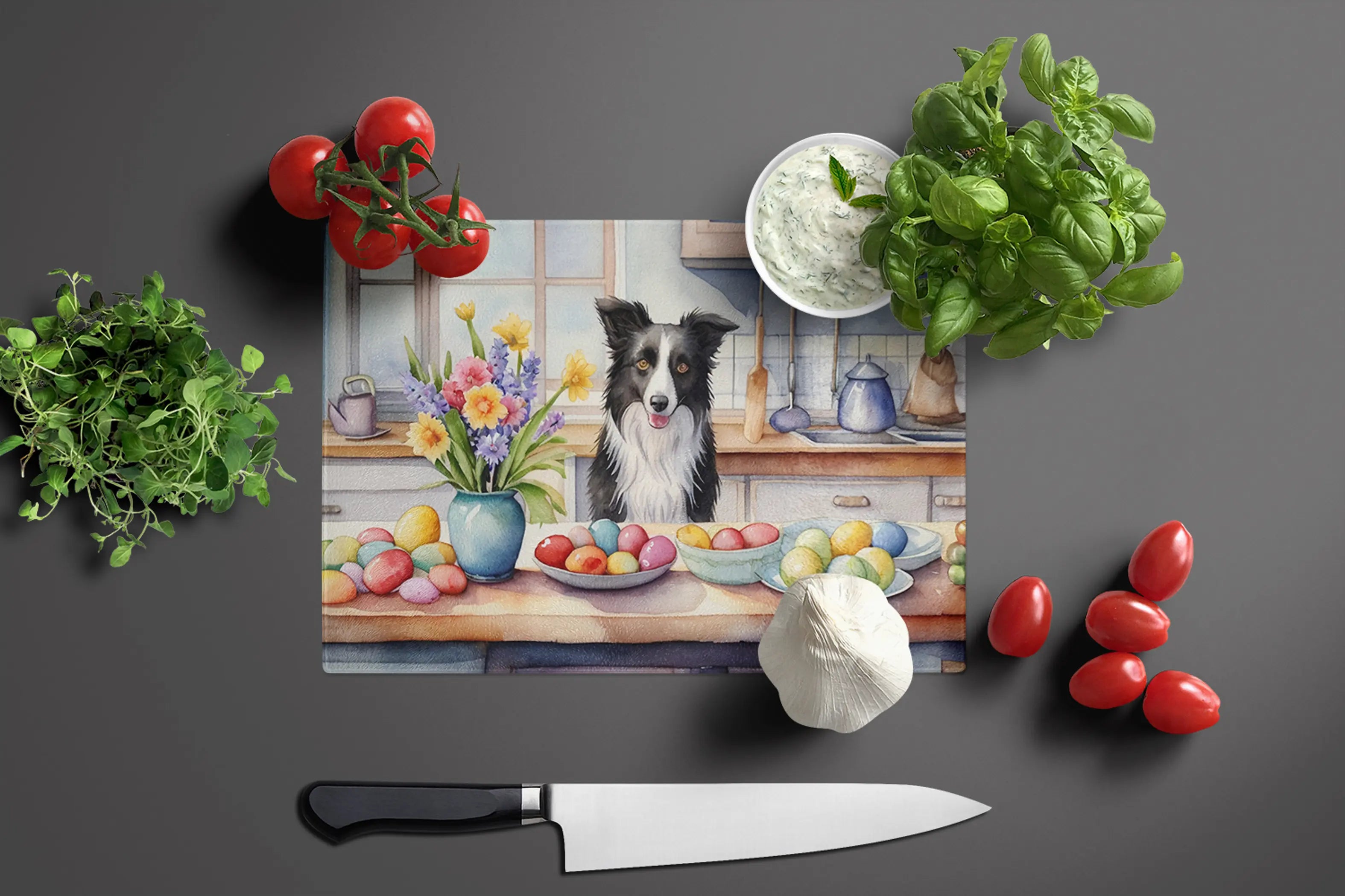 Decorating Easter Border Collie Glass Cutting Board Caroline's Treasures