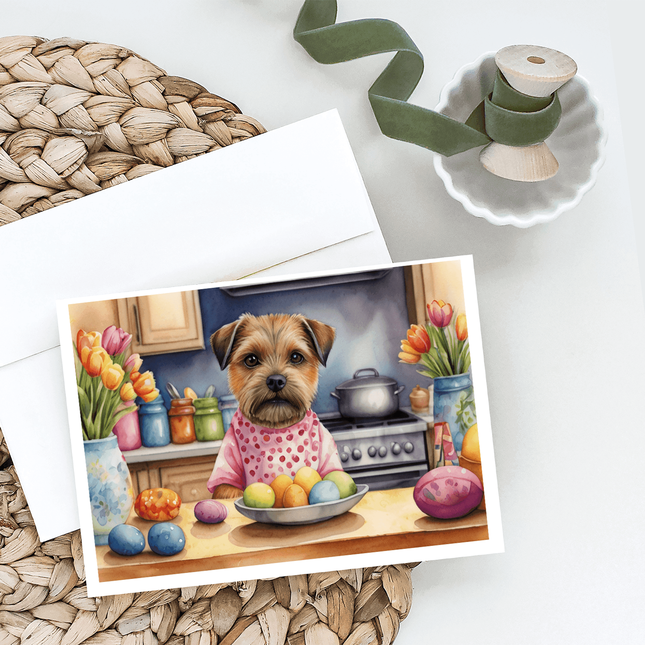 Decorating Easter Border Terrier Greeting Cards Pack of 8 Caroline's Treasures