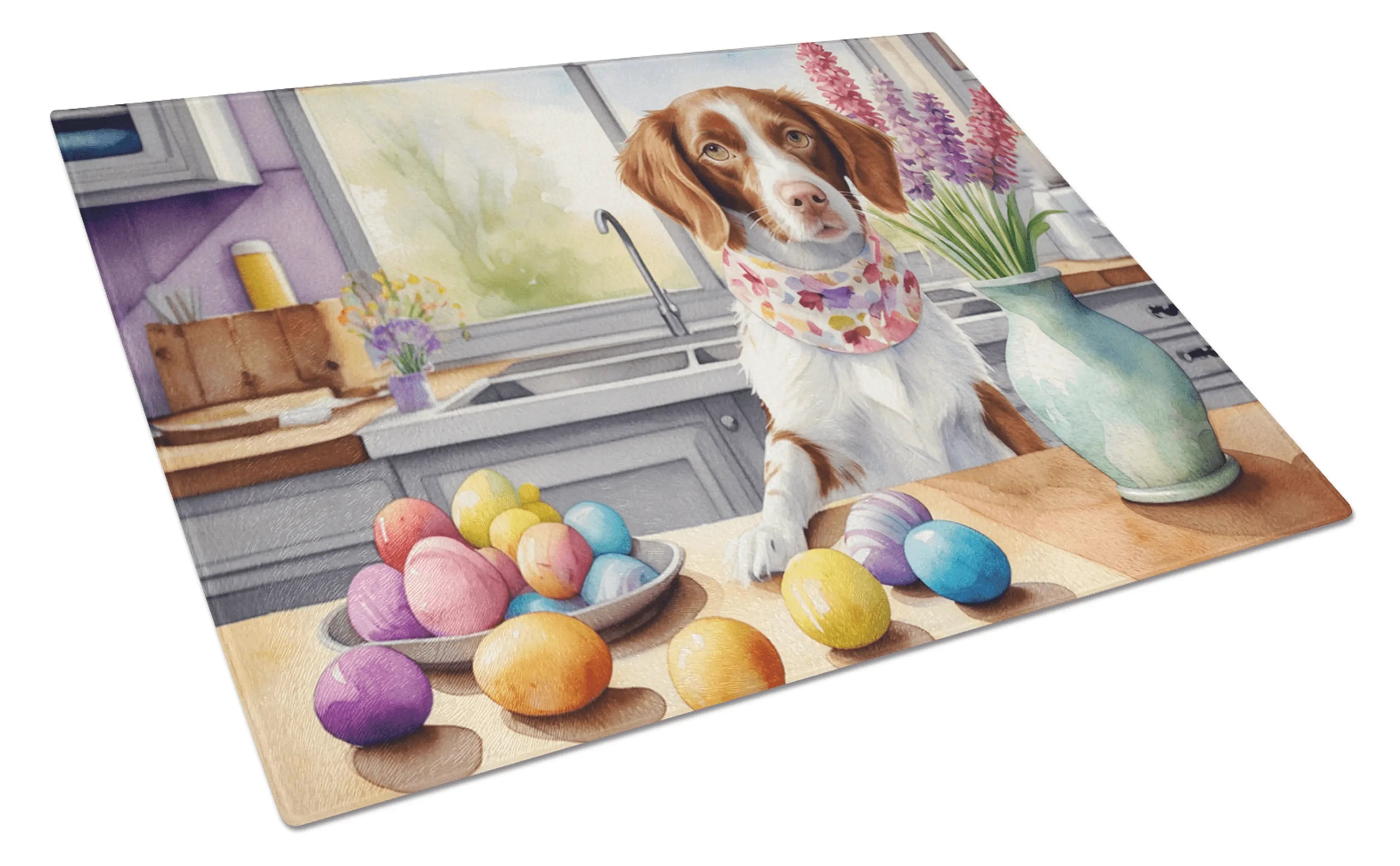 Decorating Easter Brittany Spaniel Glass Cutting Board Caroline's Treasures