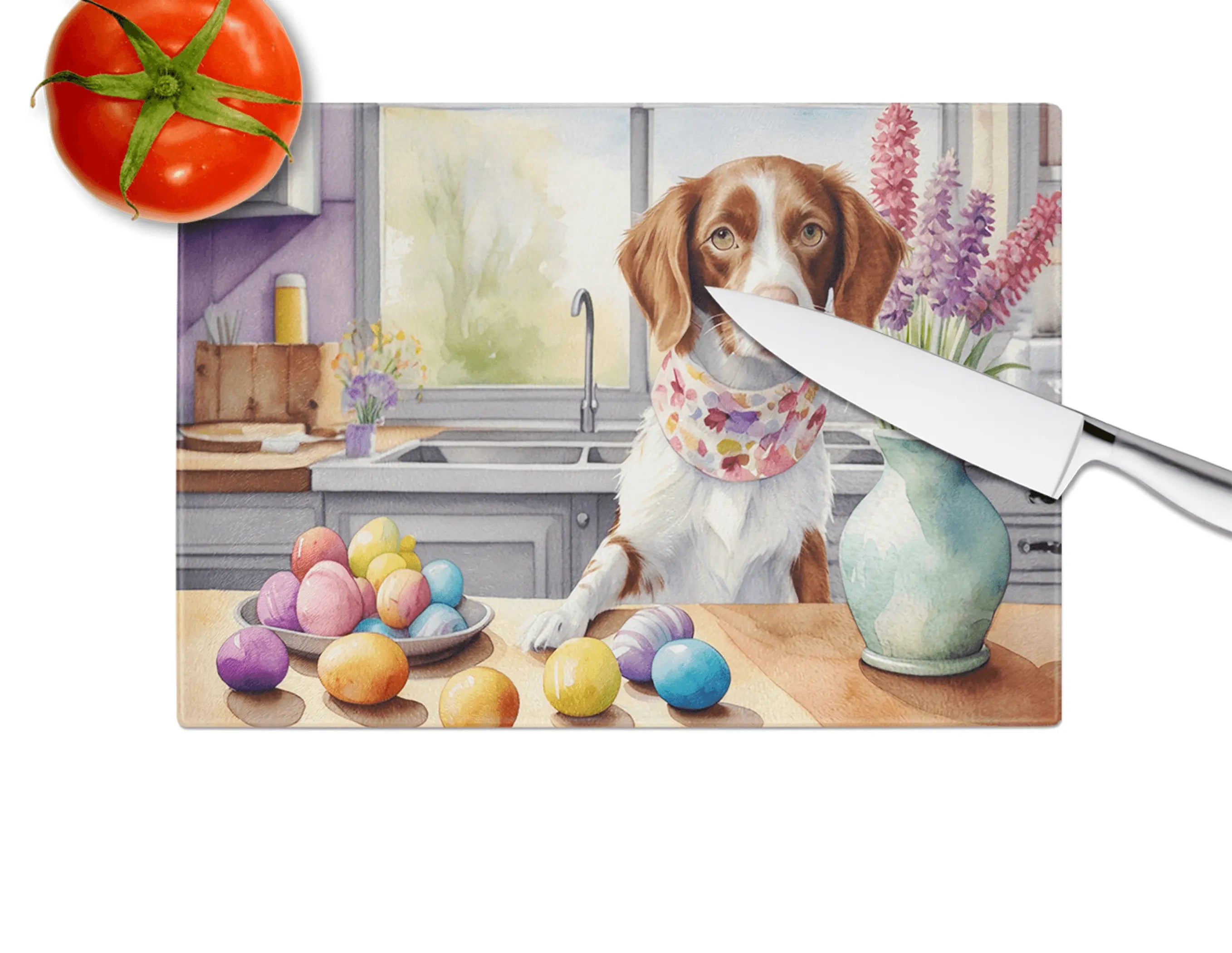 Decorating Easter Brittany Spaniel Glass Cutting Board Caroline's Treasures