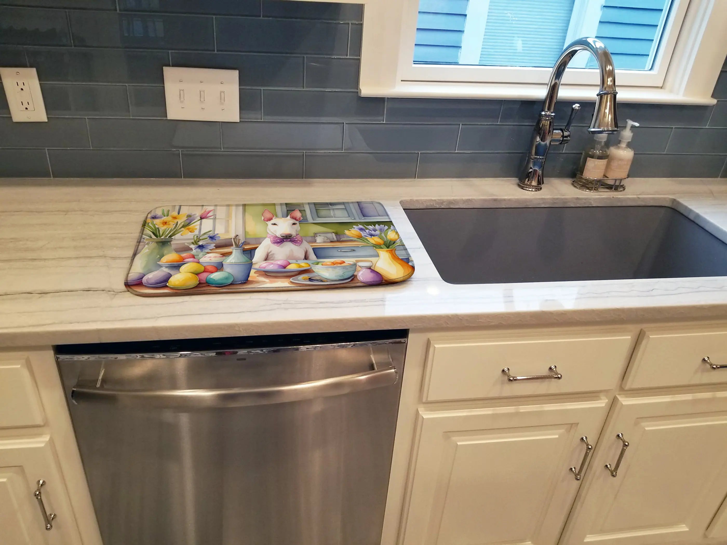 Decorating Easter Bull Terrier Dish Drying Mat Caroline's Treasures