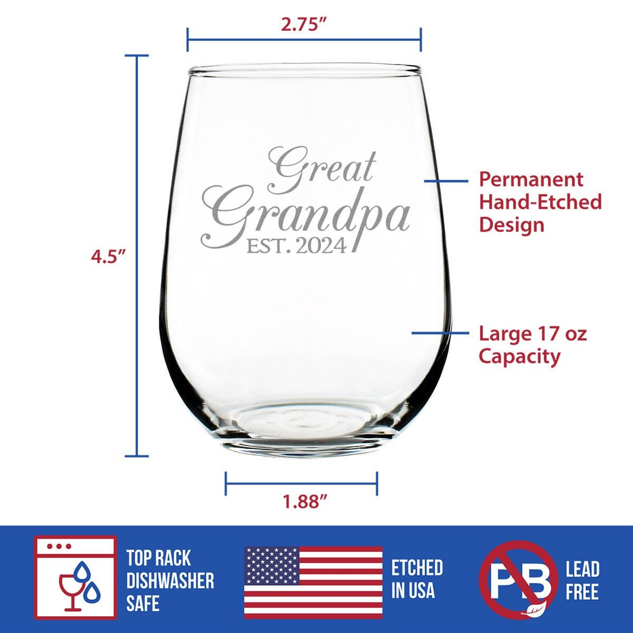 Decorative 2024 New Great Grandpa Stemless Wine Glass  Gifts Bevvee
