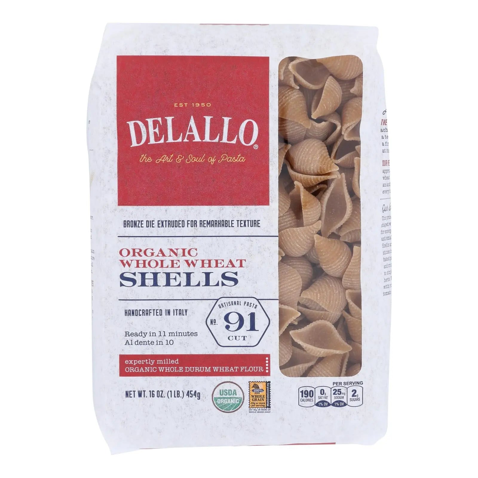 Delallo - Pasta Organic Shells Whole Wheat Number 91 - Case Of 8-16 Ounces Delallo