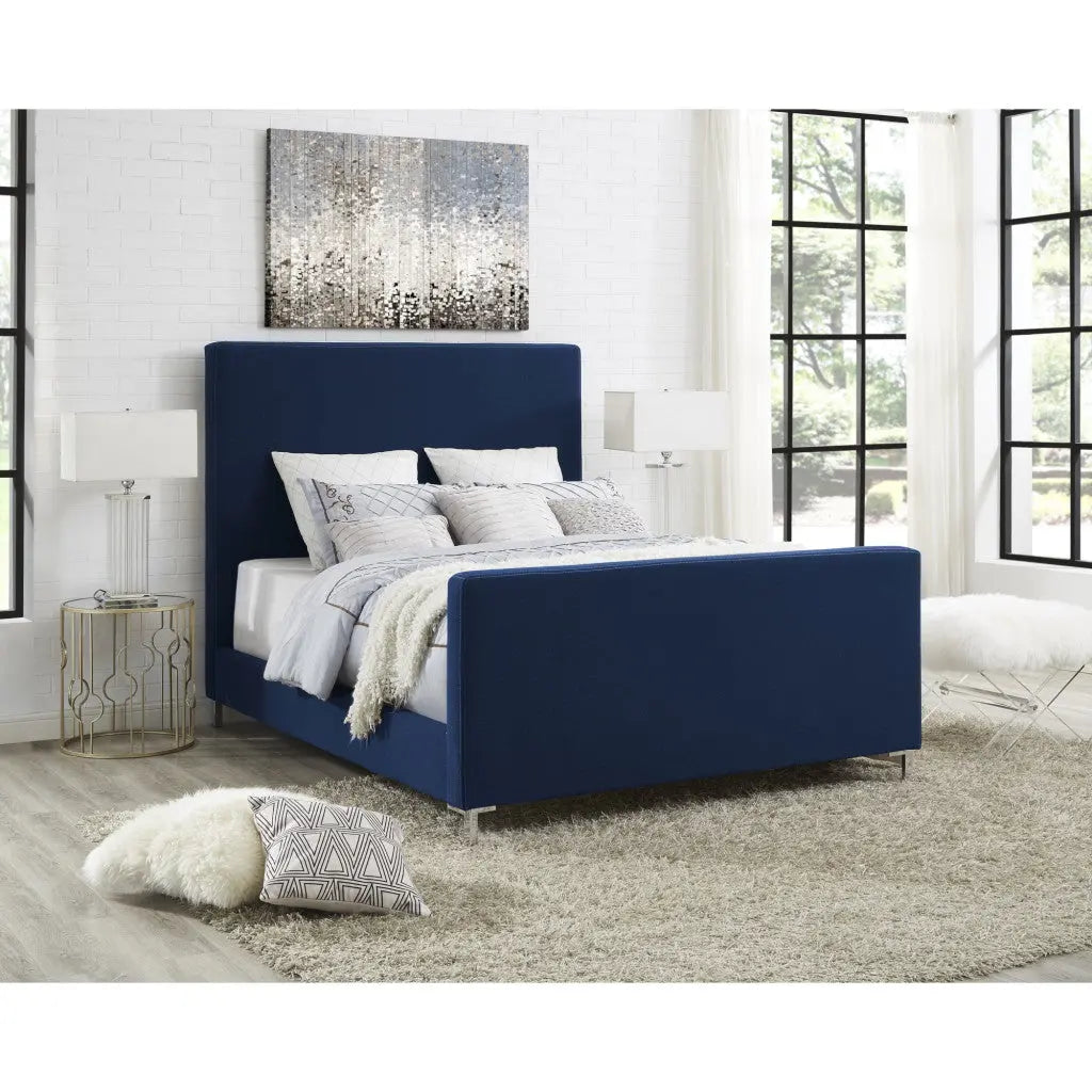 Denim Blue Solid Wood King Upholstered Linen Bed Homeroots Bed & Bath