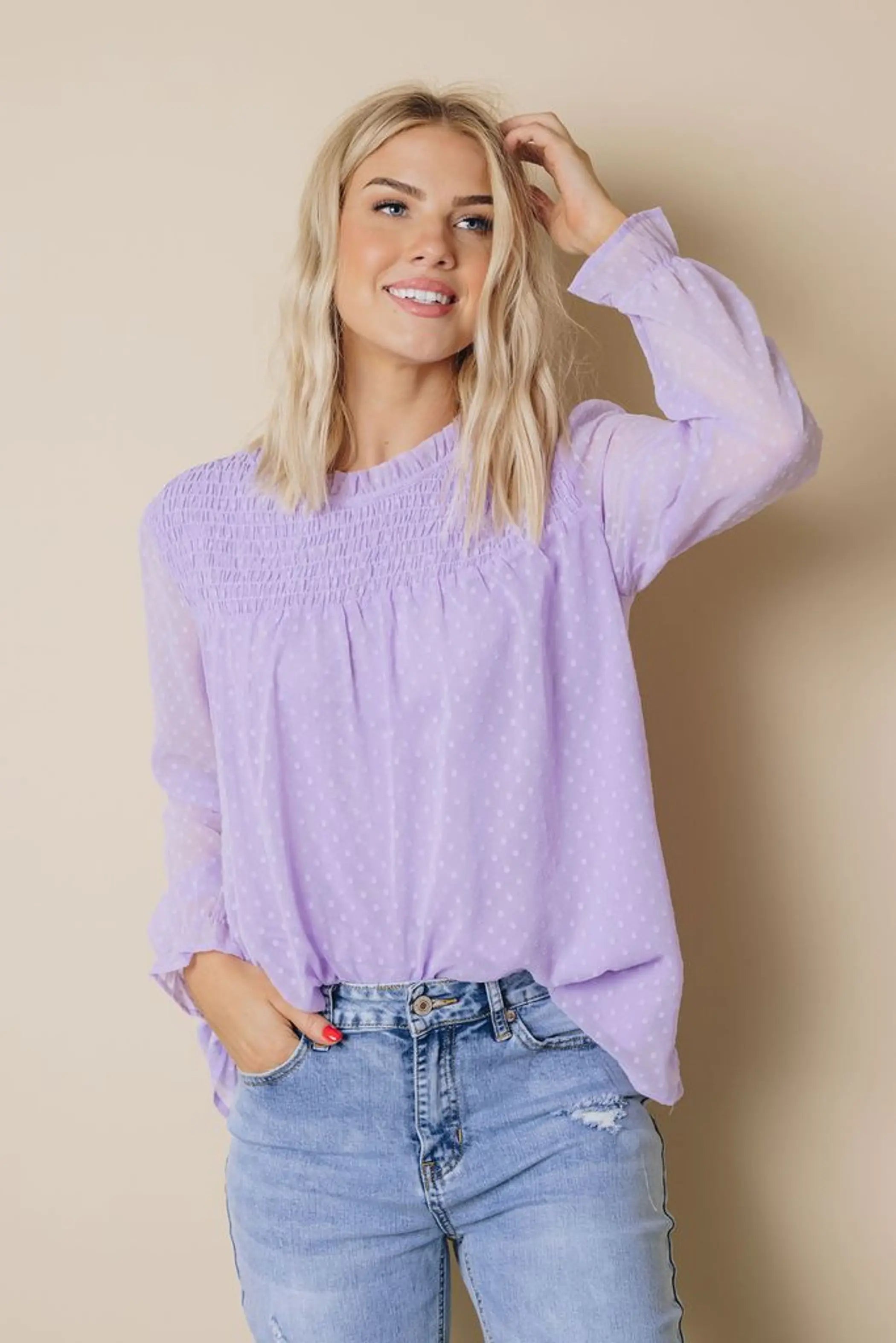 Denna Swiss Dot Long Sleeve Top Stay Warm in Style