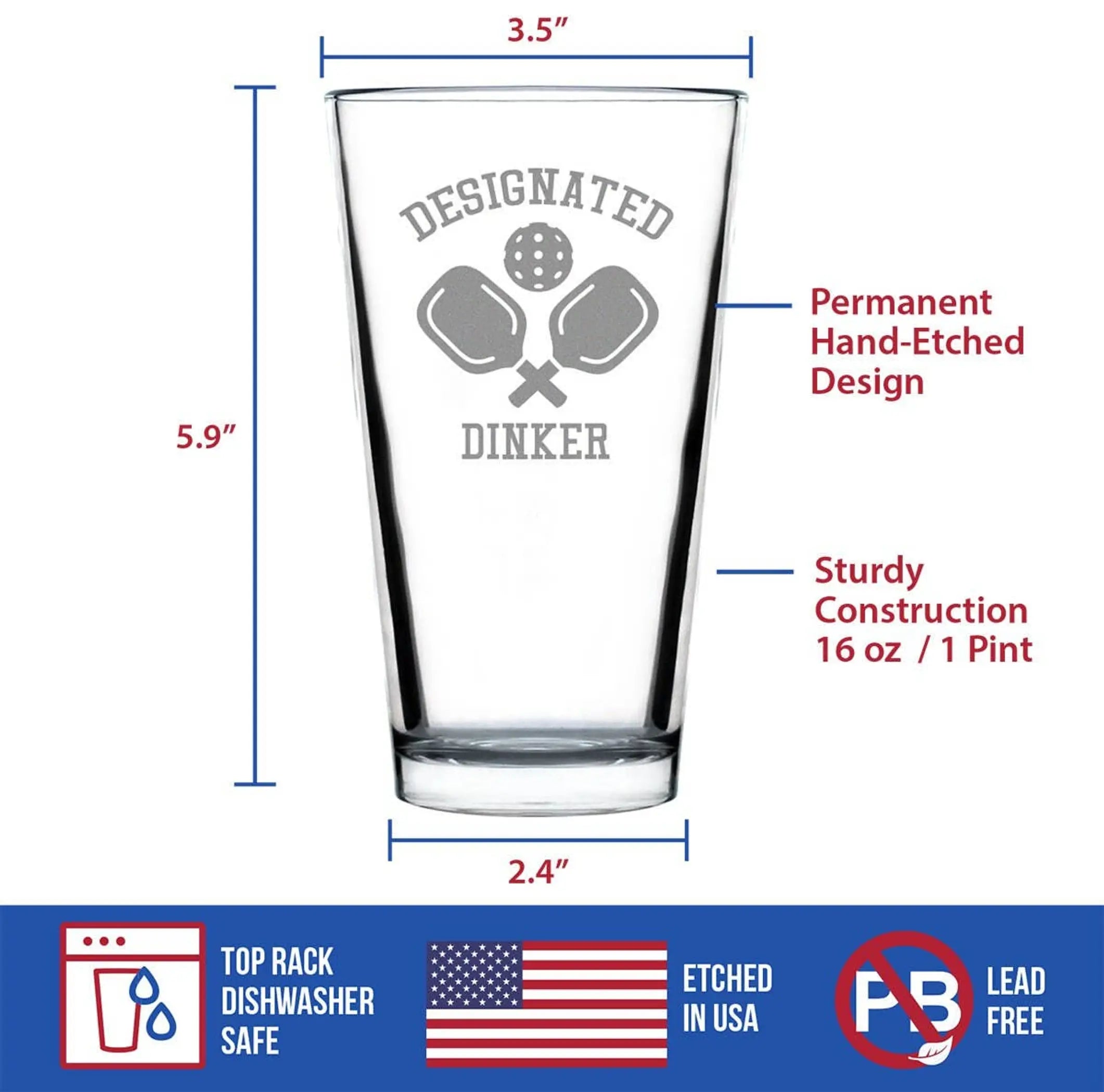 Designated Dinker Pint Glass for Beer - Pickleball Gifts Bevvee