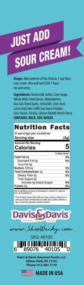 Davis & Davis sour cream dip mix packet, blue and green design, contains herbs and spices, 8 oz serving size.