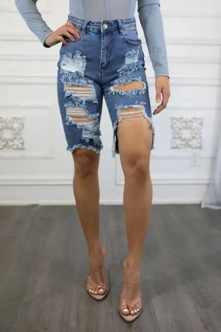 Distressed it Out High Waisted Denim Bermuda Shorts SurelyMine