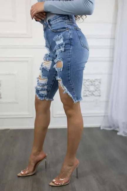 Distressed it Out High Waisted Denim Bermuda Shorts SurelyMine