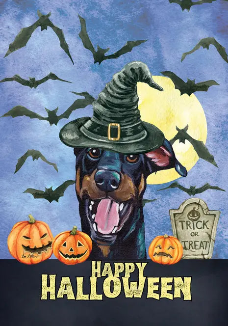Doberman B/T Uncropped - Hippie Hound Studio Best of Breed Halloween House and Garden Flag Best of Breed