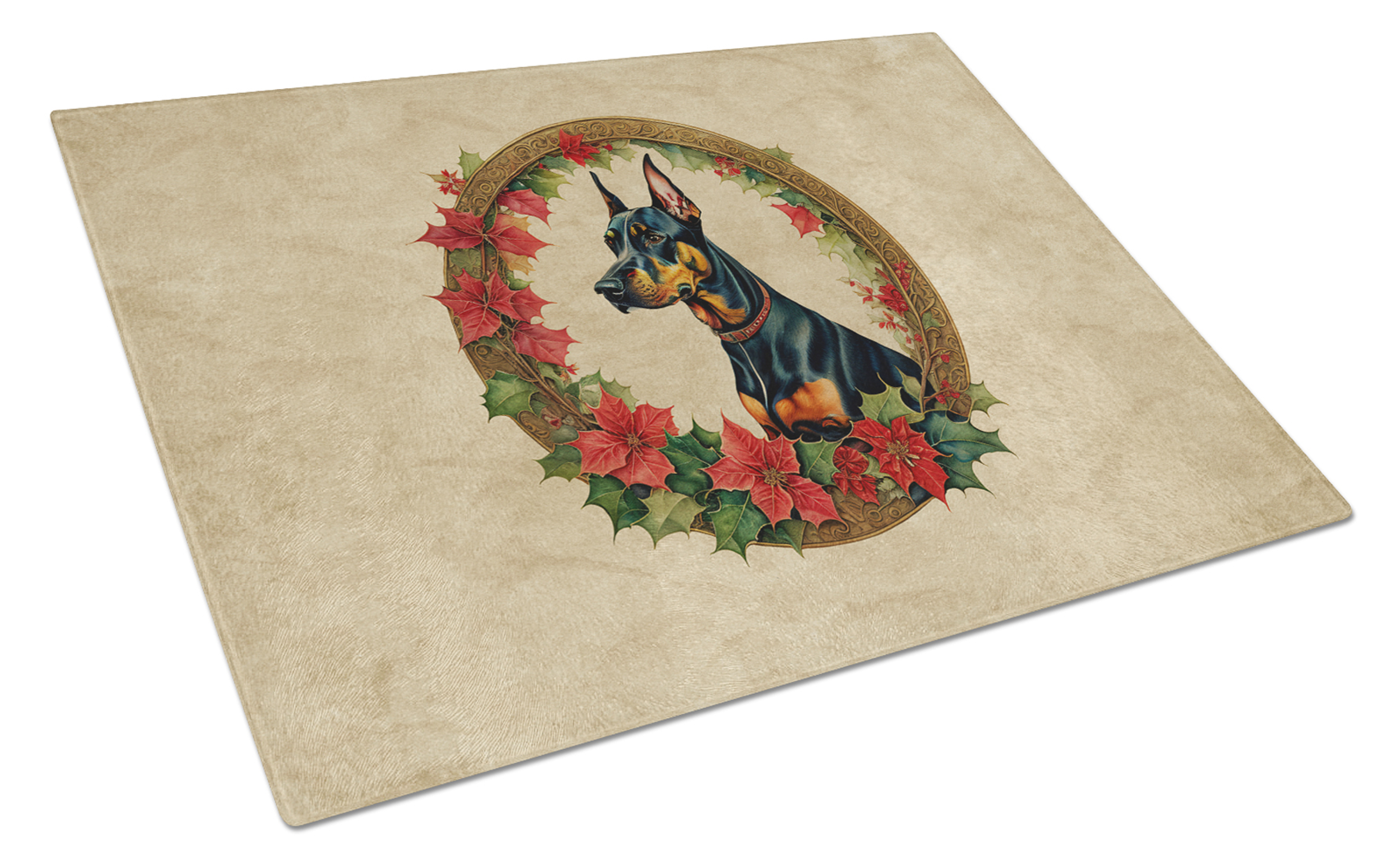Doberman Pinscher Christmas Flowers Glass Cutting Board Caroline's Treasures