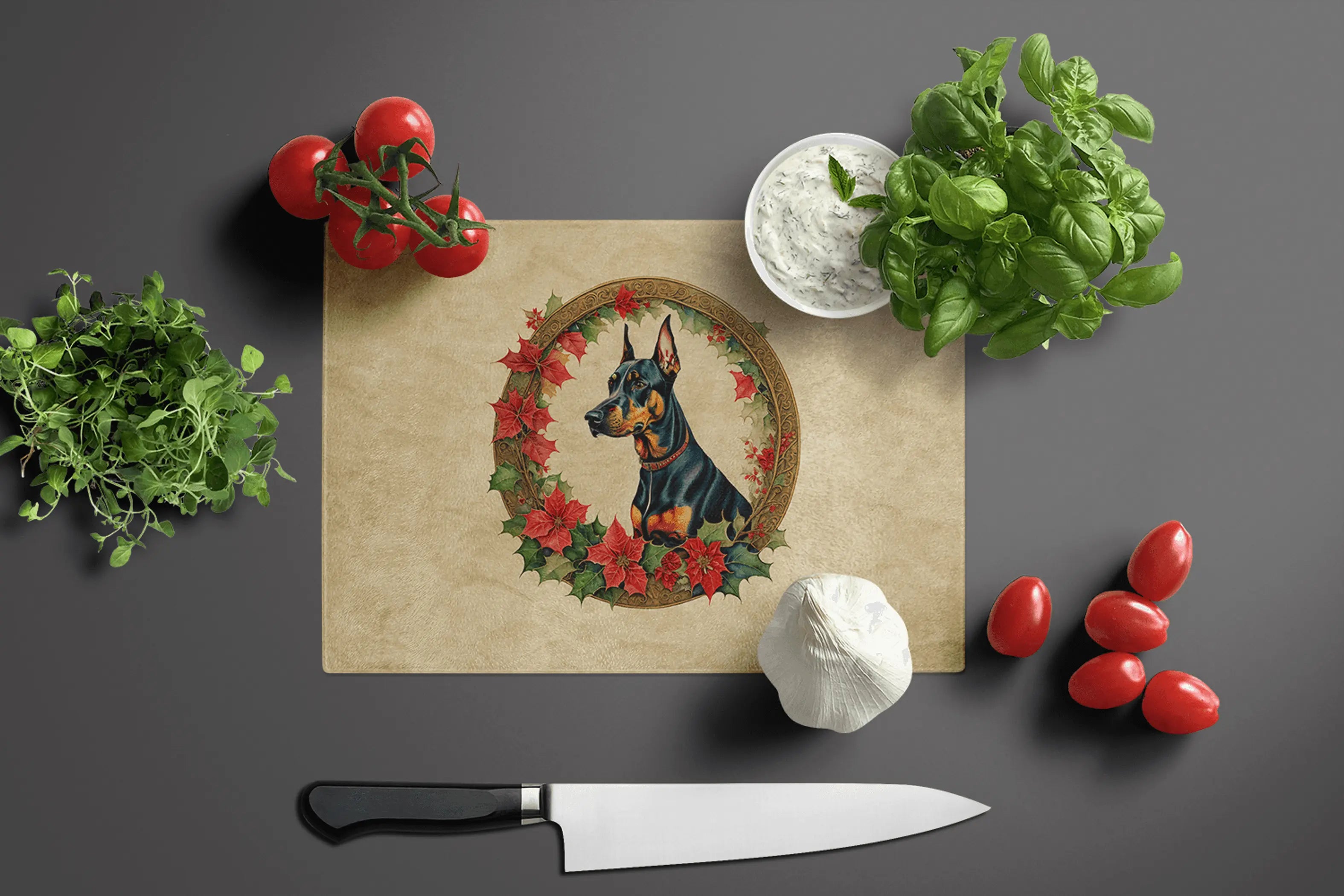Doberman Pinscher Christmas Flowers Glass Cutting Board Caroline's Treasures