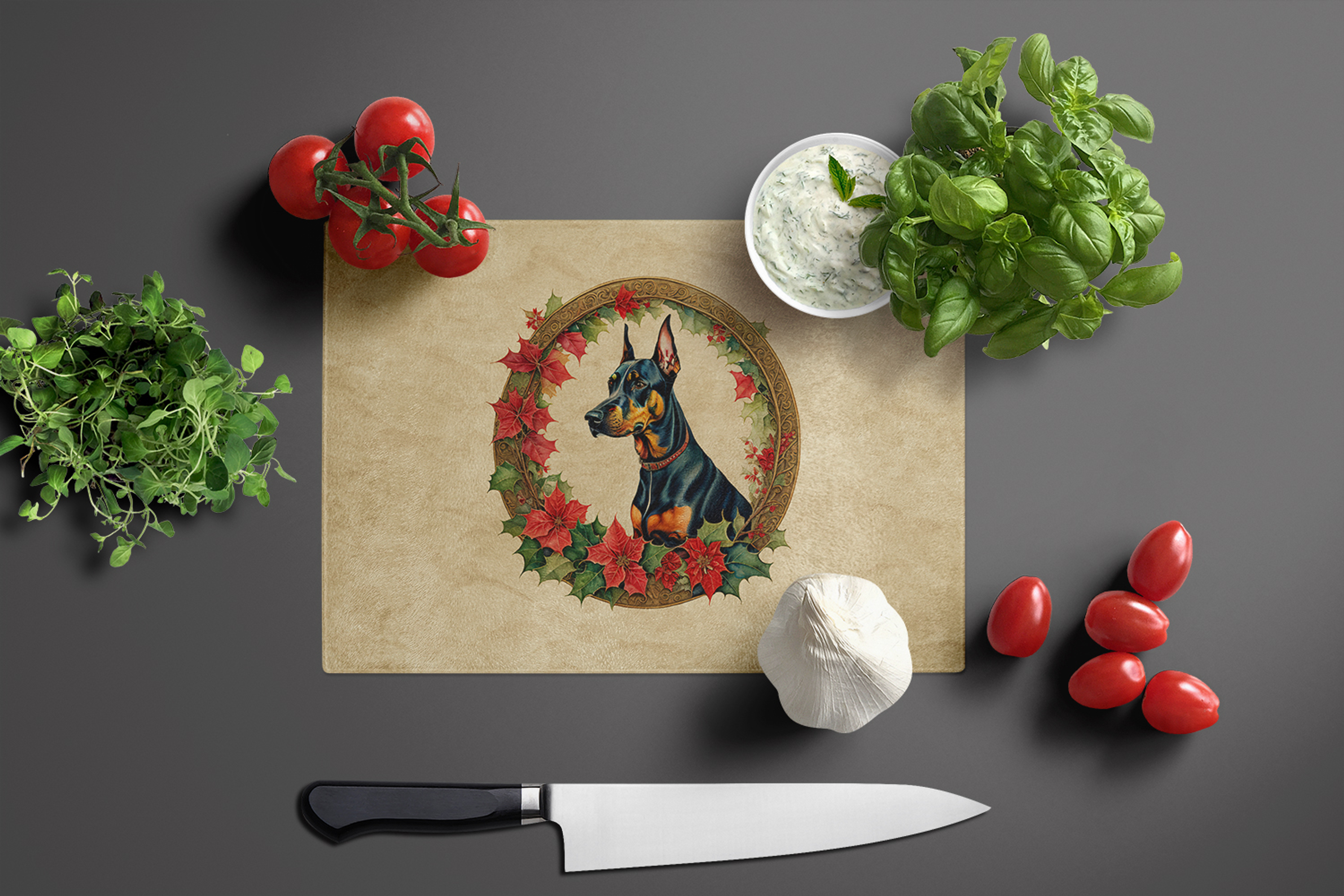 Doberman Pinscher Christmas Flowers Glass Cutting Board Caroline's Treasures