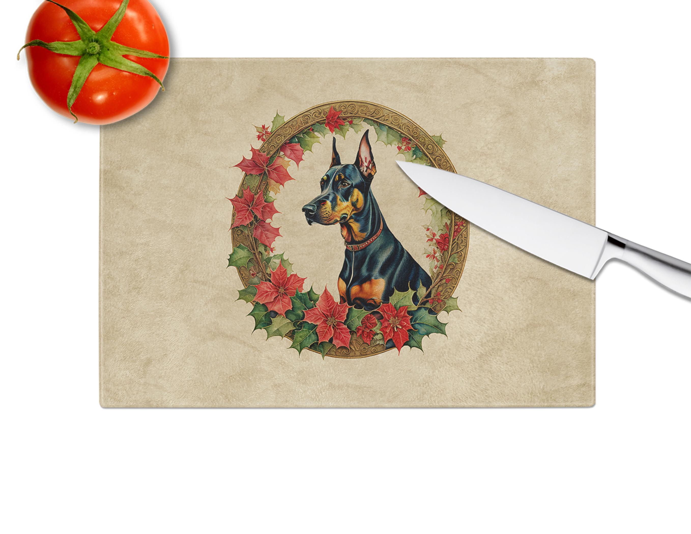 Doberman Pinscher Christmas Flowers Glass Cutting Board Caroline's Treasures