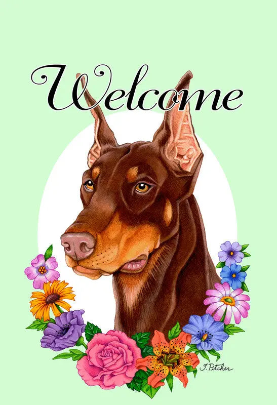 Doberman Red Cropped  - Best of Breed Welcome Flowers Garden Flag Best of Breed