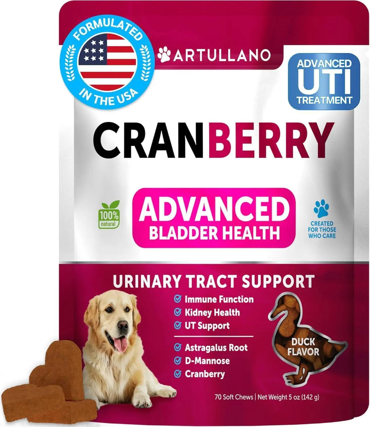 Dog UTI Treatment   Cranberry Supplement & Bladder Control for Dogs   Urinary Tract Infection Incontinence Pill Bladder Stones   UTI Medicine Treats   70 Soft Chews for Kidney Support with Fish Oil Artullano