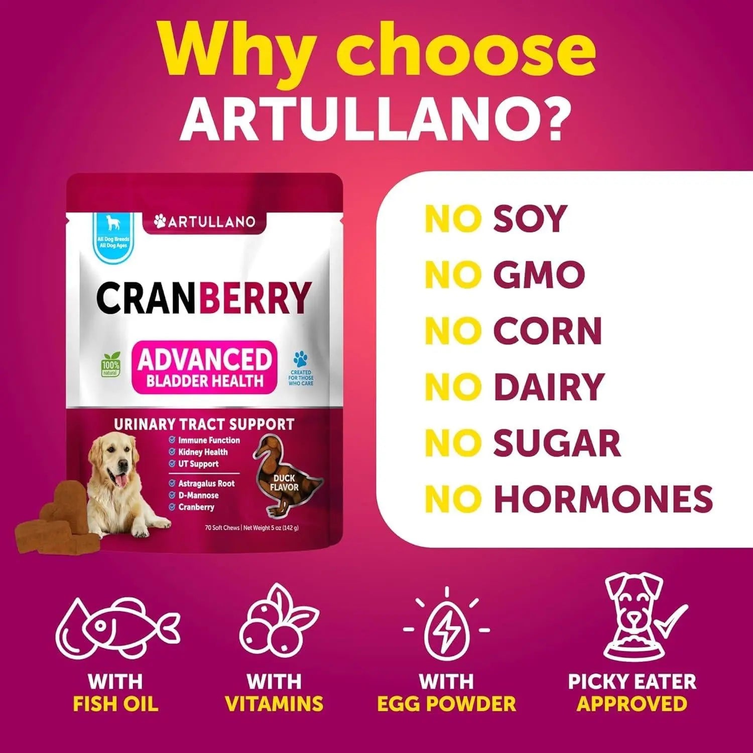 Dog UTI Treatment   Cranberry Supplement & Bladder Control for Dogs   Urinary Tract Infection Incontinence Pill Bladder Stones   UTI Medicine Treats   70 Soft Chews for Kidney Support with Fish Oil Artullano