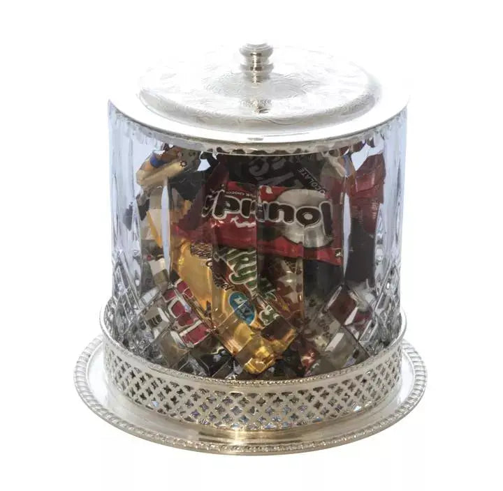 Double Diamond Cookie Jar Crystal/English Silver Plate Corbell Silver