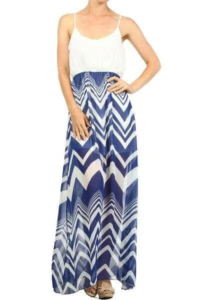 Duo Fabric Chevron Print Scoop Neck Spaghetti Straps Maxi Dress SurelyMine