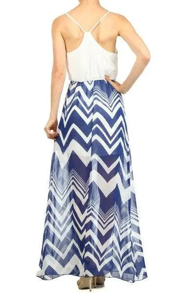 Duo Fabric Chevron Print Scoop Neck Spaghetti Straps Maxi Dress SurelyMine