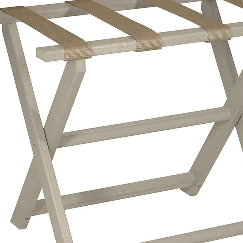Earth Friendly Taupe Folding Luggage Rack With Dark Tan Straps Homeroots Organization