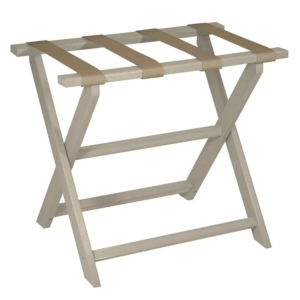 Earth Friendly Taupe Folding Luggage Rack With Dark Tan Straps Homeroots Organization