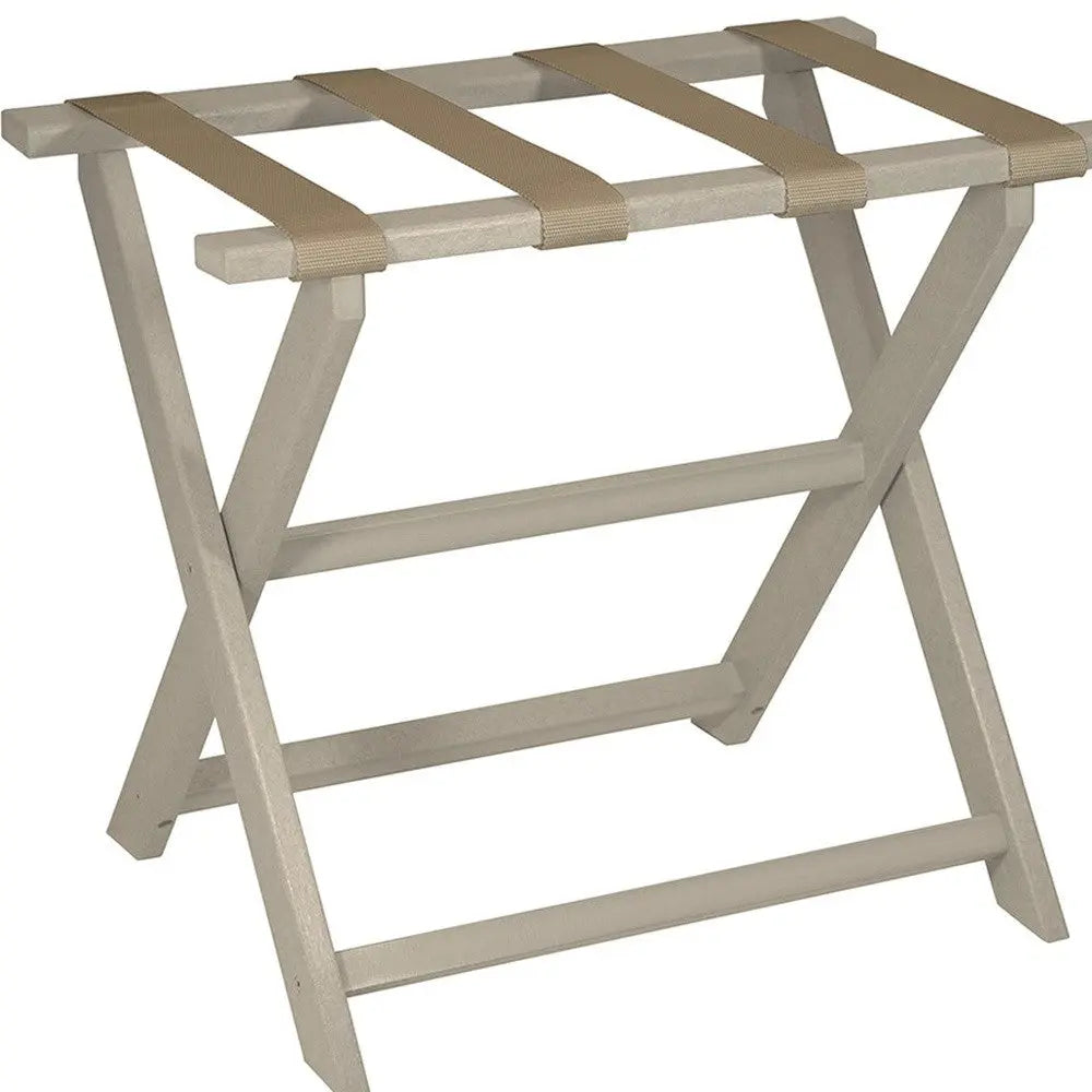 Earth Friendly Taupe Folding Luggage Rack With Dark Tan Straps Homeroots Organization