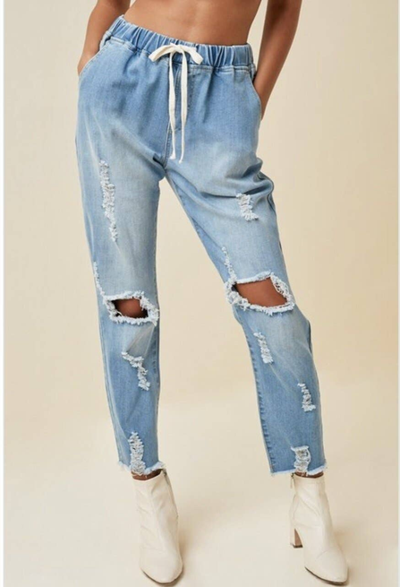 Easy Solution Distressed Drawstring Denim Jeans SurelyMine