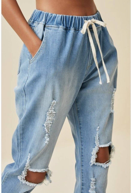 Easy Solution Distressed Drawstring Denim Jeans SurelyMine