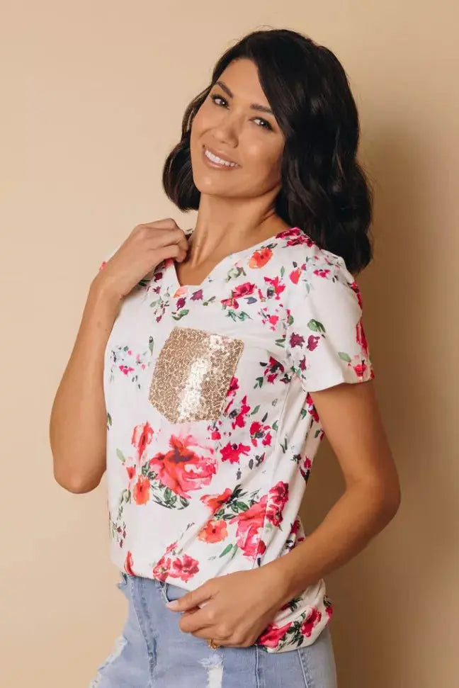 Effie Floral and Sequin Top Stay Warm in Style