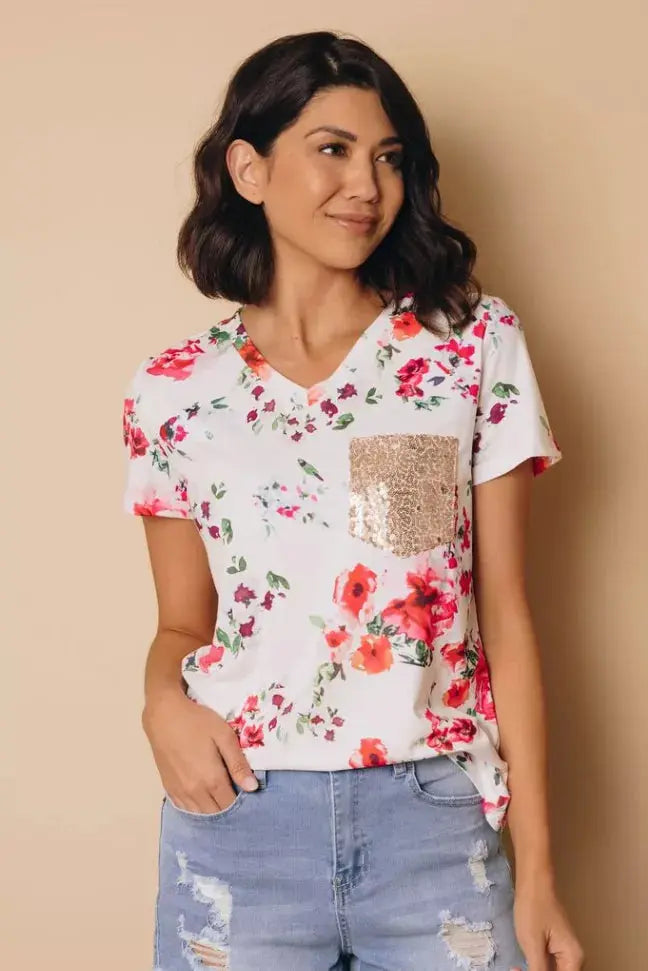 Effie Floral and Sequin Top Stay Warm in Style
