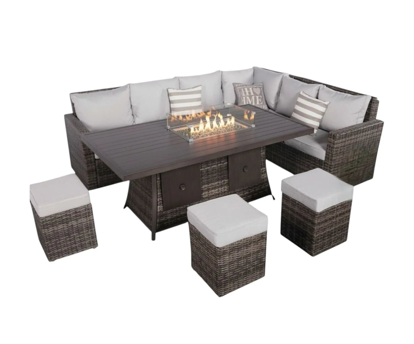 Eight Piece Gray Wicker Upholstered Cushions Sectional Seating Group With Fire Pit And Table Homeroots Outdoor