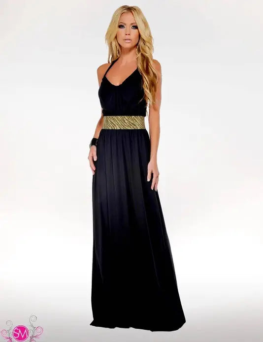 Elastic Waist Maxi Dress With Back Zipper Black SurelyMine