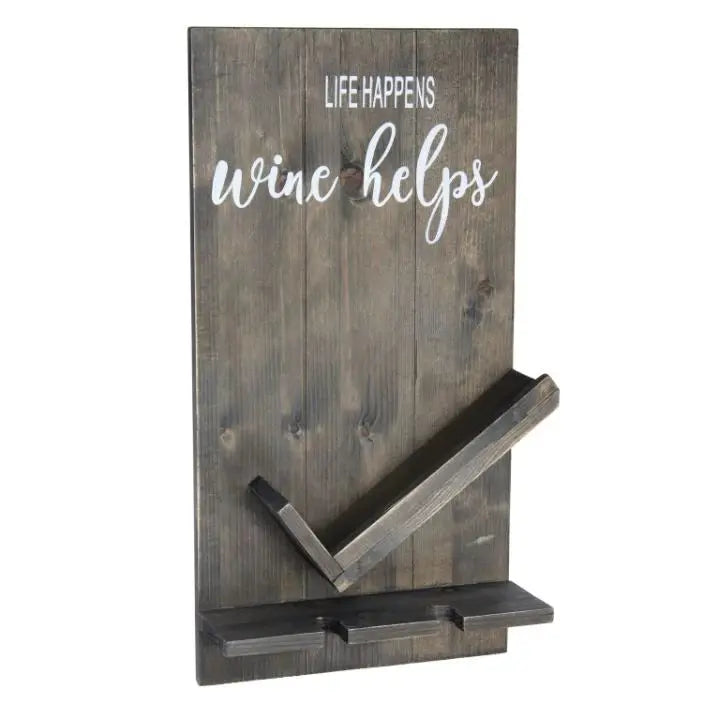 Elegant Designs Lucca Wall Mounted Wooden “Life Happens Wine Helps” Wine Bottle Shelf with Glass Holder All The Rages, Inc.