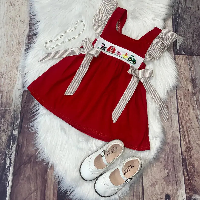Embroidered Farm Animals Striped Ruffle Sleeveless Dress Stella Bean Clothing