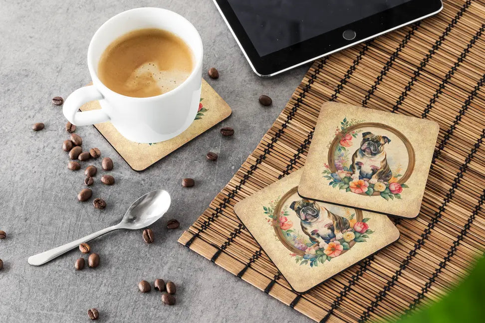 English Bulldog and Flowers Foam Coasters Caroline's Treasures