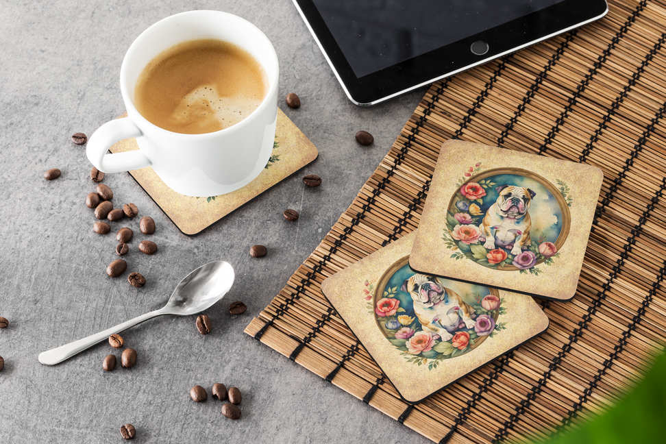 English Bulldog and Flowers Foam Coasters Caroline's Treasures