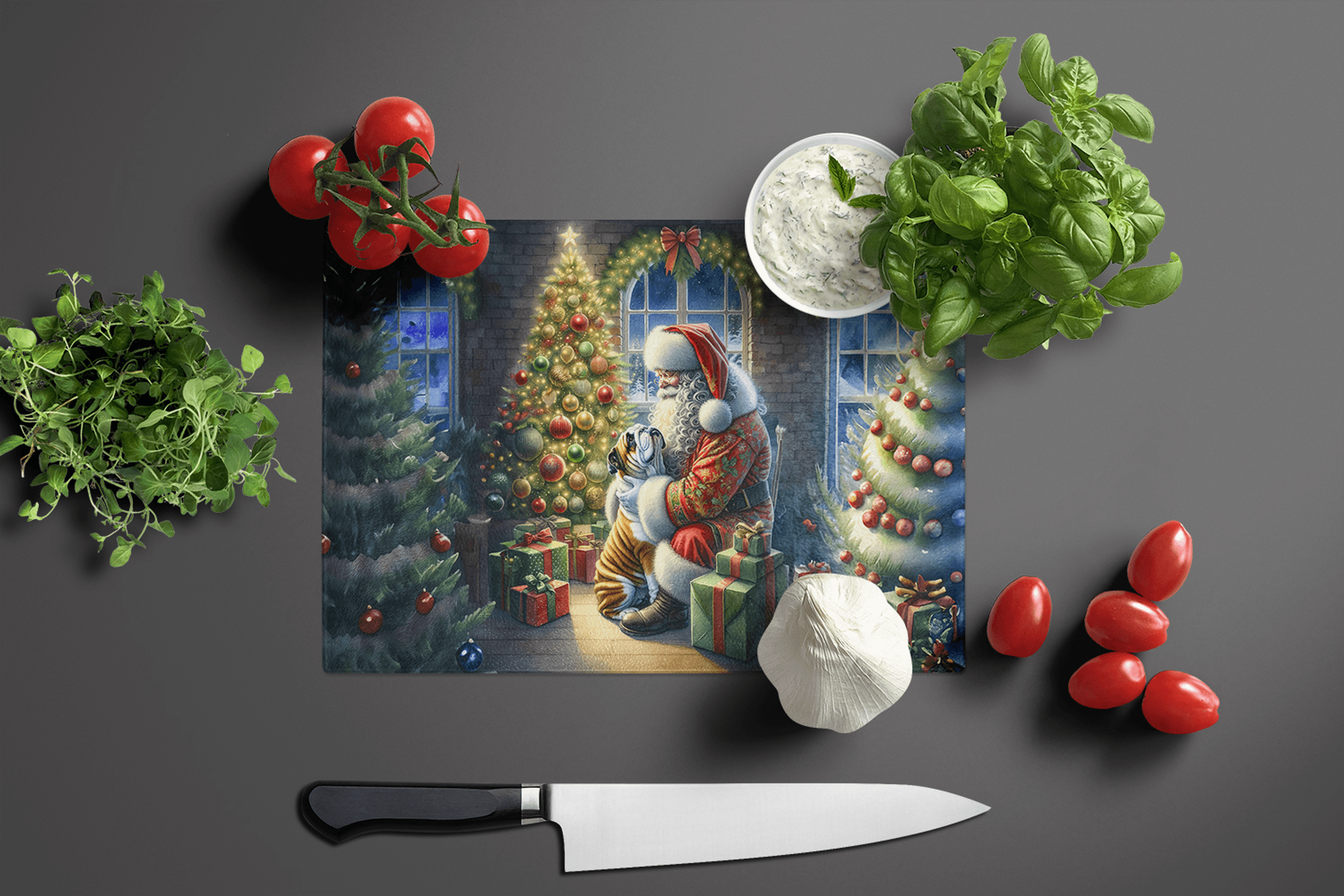 English Bulldog and Santa Claus Glass Cutting Board Caroline's Treasures